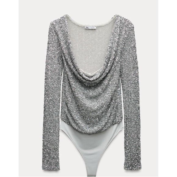 ZARA SILVER Metallic Sequin Long Sleeve Stretchy TOP Bodysuit WOMEN'S SIZE S NWT - Picture 1 of 8